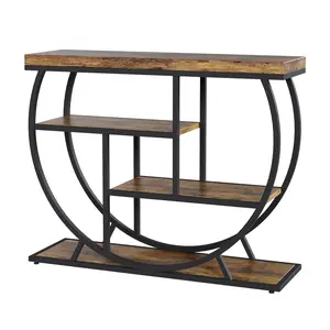 Garvee Farmhouse Console Table for Entryway with 4 Tiers, Rustic Semi-Circular Metal Frame, Narrow Hallway Storage Table for Living Room, Apartment, Behind Sofa, Brown Finish