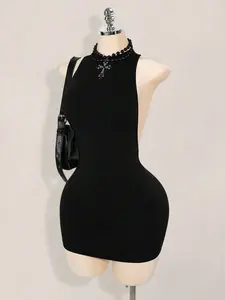 PRYSM ICON Solid Color Criss-Cross Backless Sexy Casual Mini Dress,Party Dresses For Women