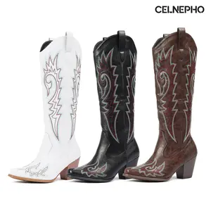 CELNEPHO Women Cowboy Boots Pointed Toe Knee High Boot Western Vintage Embroidery Block Heel Easy Pull on Country Wedding Everyday Wear Outdoor Events Cowgirl Dress Shoes