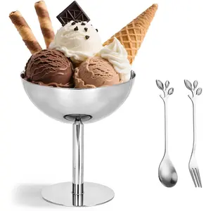 Ice Cream Bowls Set with Spoons & Forks, 304 Stainless Steel Dessert Cups, 4.33" Large Metal Sundae Cups for Pudding, Fruit,Heavy Duty Footed Serving Bowls for Parties &  Use (1pcs Flower)