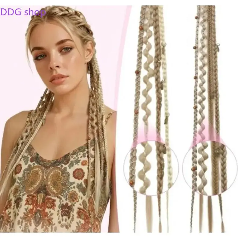 2Pcs 20 Inch Clip In Braid Hair Extensions, Boho Handmade Dreadlock Hair Pieces with Beads Charms, Soft Synthetic Braided Hair Accessories, Easy Wear Fashion Hair Decor for Daily Look Cosplay & Party Styling