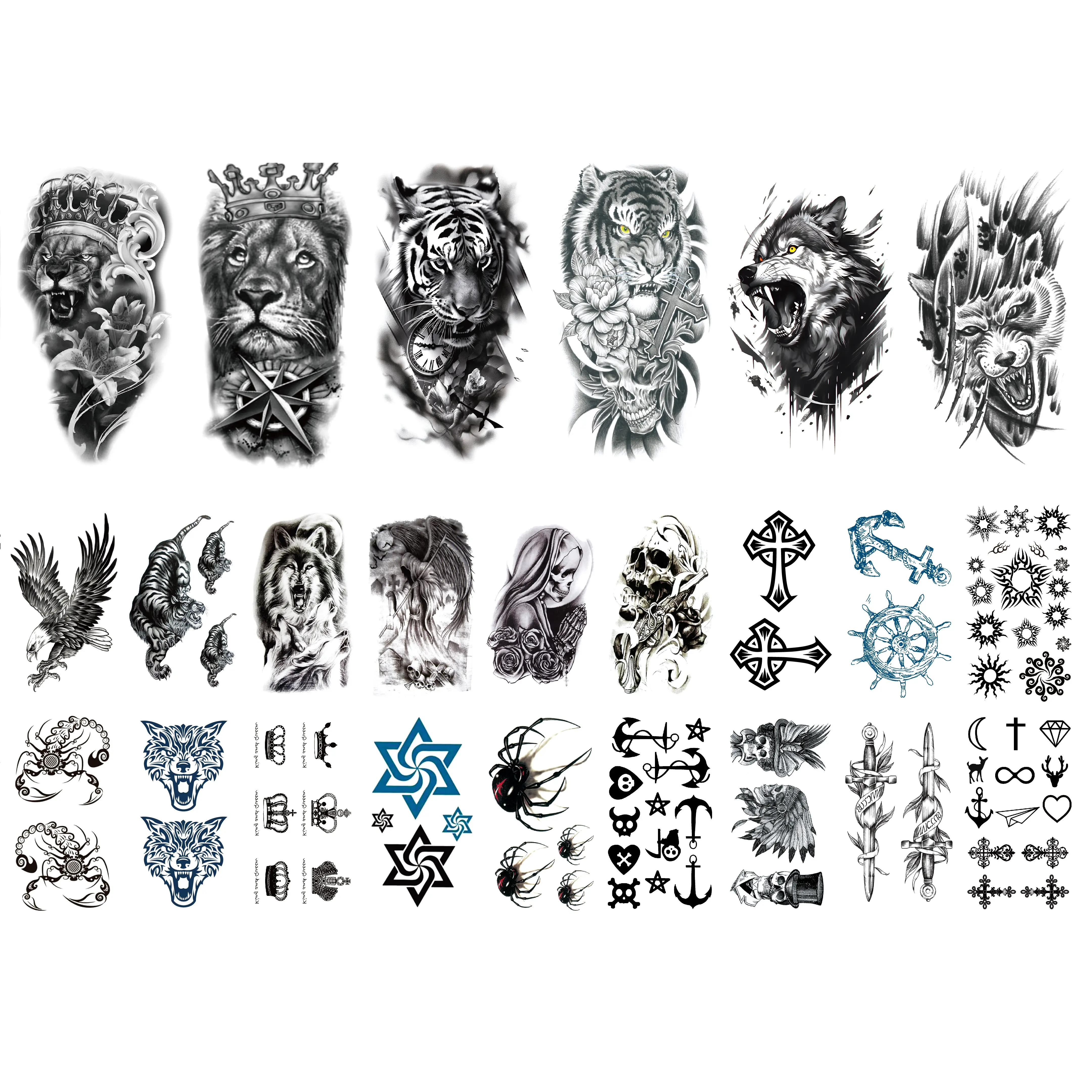 24 Sheets Waterproof Temporary Tattoo, Realistic Long Lasting Animals & Flower Designs, Wolf, Tiger, Lion, Owl, Skeleton Skull -Perfect for Halloween