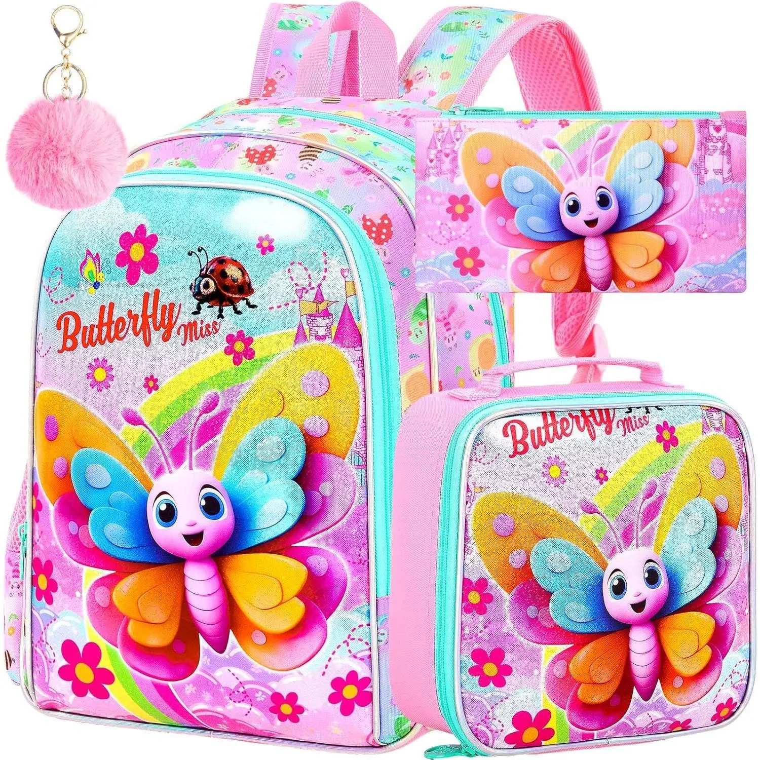 Girls' 3-Pcs Waterproof Nylon Backpack Set - 16-In School Backpack, Cool Lightweight Kawaii Stylish Daypack, UV-Printed Butterfly Graphic, Zip Closure, Built-In Organizer, Expandable, Hand Wash Only, Lunch Bag Included, Backpack For School