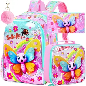 KF5-CBP17  3PCS Girls Butterfly Backpack, 16" Kids Backpacks and Lunch Bag Set for Girls, Water Resistant Elementary Bookbag for Toddler
