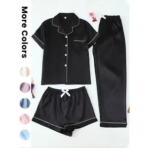 Women's Satin Sleepwear Set, 3-Piece Pajama with Button Front Top & Bow Shorts, Casual Home Wear for Women
