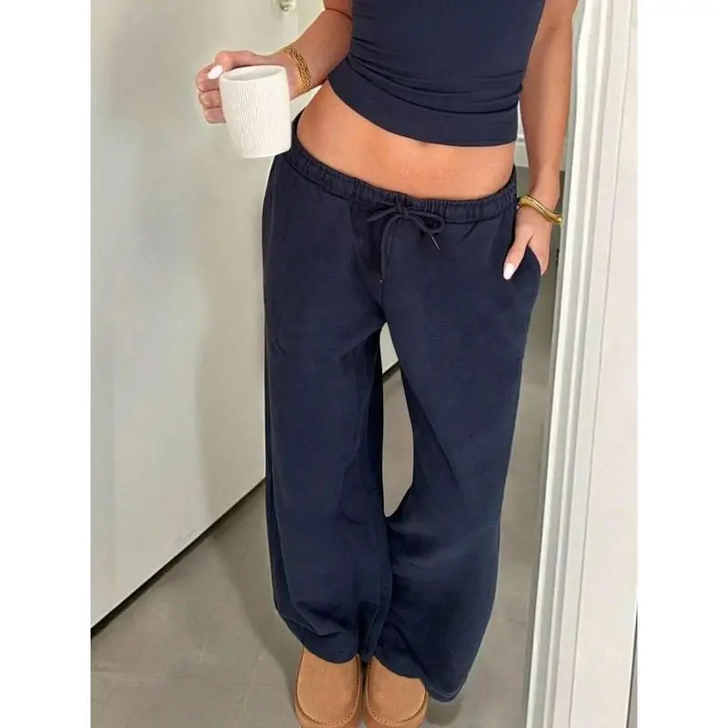 Casual Solid Color Low Waist Drawstring Waist Side Pockets Loose Wide Leg Sweatpants Fall Apparel For Women
