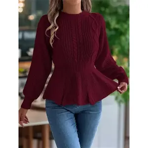 Women's Plain Ruffle Hem Mock Neck Sweater, Casual Bishop Sleeve Jumper for Fall & Winter, Women's Knitwear for Daily Wear