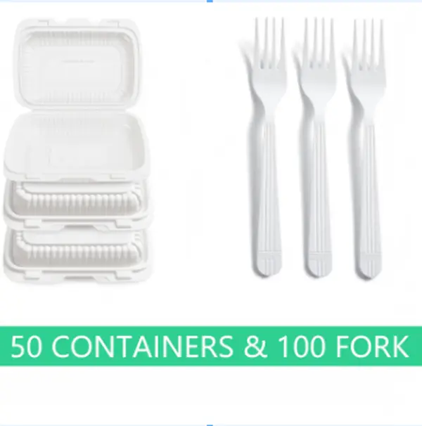 9X6 1-Compartment 50-Pack Plastic Clamshell Food To Go Box Containers Carryout  To Go Containers Microwave and Freezer Safe  | 100Pack Disposable Plastic Forks Bulk White Heavy Duty