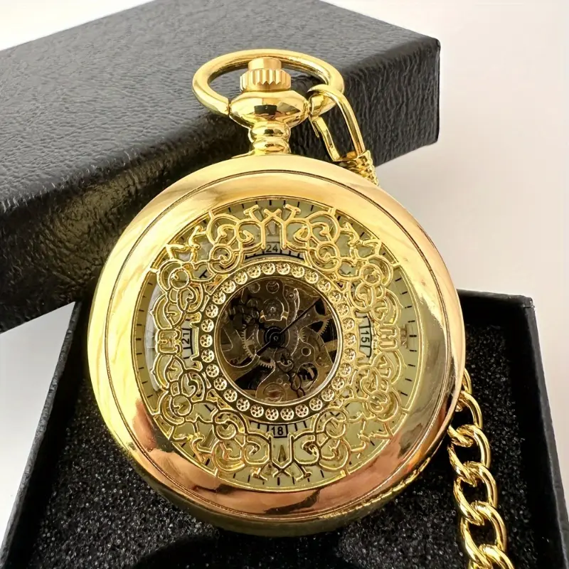 Vintage Golden-Tone Mechanical Pocket Watch Keychain with Luminous Roman Numerals, Intricate Hollow Design & Chain Loop - Retro Automatic Wind-Up Watch for Men