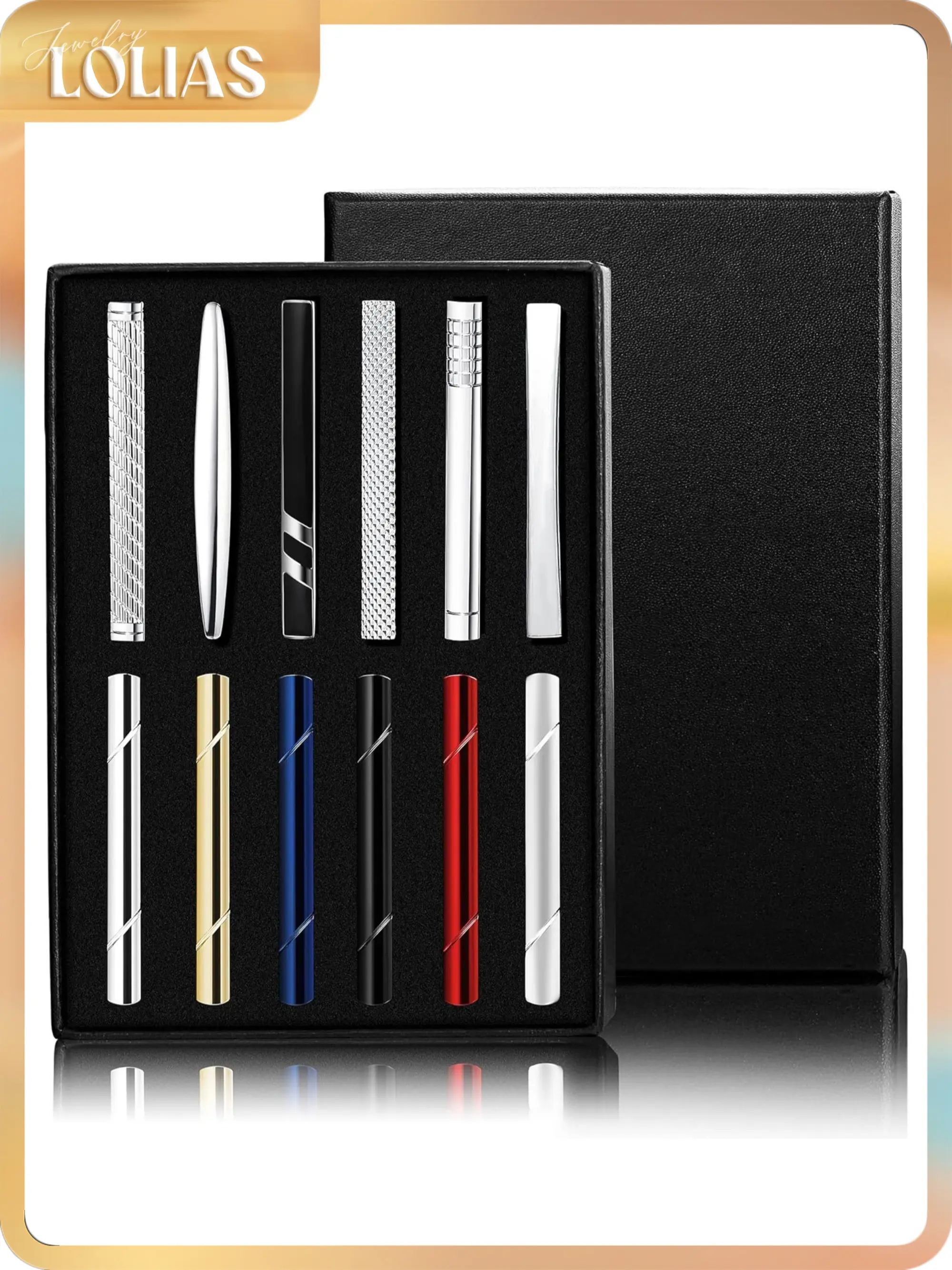 LOLIAS Tie Clip Set for Men, 12-Piece Classic Copper Tie Bars in Silver, Gold, Black & Blue for Wedding Ceremony, Engagement, Birthday - with Gift Box, Tie Clips Set, Daily
