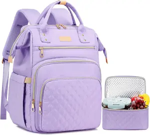 Lunch Backpack for Women, 15.6 inch Laptop Backpack with Insulated Cooler Lunch Bag Set for Lunch Box Work Backpack for Travel Nurse Teacher, Purple