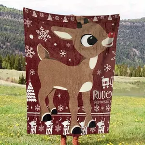 Rudolph the Red-Nosed Reindeer Flannel Throw Blanket, Digital Print, All-Season Comfortable Knitted Polyester, Festive Christmas Deer Design, Lightweight Decorative, Machine Washable, Contemporary Style, Animal Theme