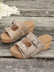 Vintage Retro Buckle Rivet Sandals for Women, Soft Wood Wedge Heel Slip-On Shoes, Casual Commuter Outdoor One-Strap Flip Flops, Elegant Design