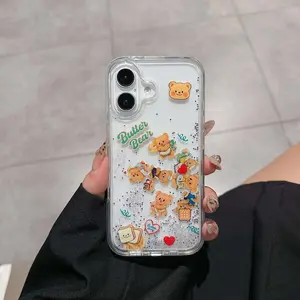 Rilakkuma Biscuit Cartoon Cute Butter Teddy Bear Liquid QuickSAND iPhone 16 Pro Max Protective Casing 15Plus 14 13 12 11 Transparent Case cute cartoon Protector Screen Protector Cellphone Smartphone Protection Shockproof Cover