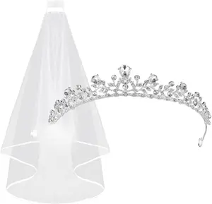 Tiara with Lace Bridal Veil – Rhinestone Crown Headpiece for Wedding & Bachelorette