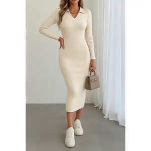 Beige Bodycon Dress With Plunging Neck And Long Sleeves
