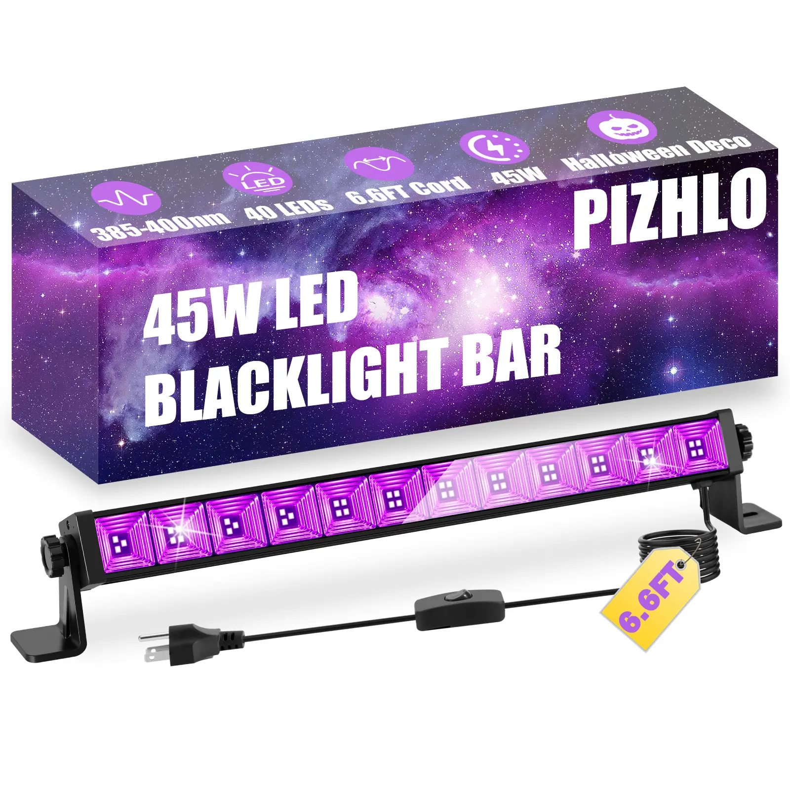 PIZHLO 45W LED Black Light Bar, Blacklight with 6.6ft Cord+Switch, Light Up 26x26ft, Glow in The Dark for Halloween, Party, Birthday, Body Paint, Fluorescent Poster, Bedroom