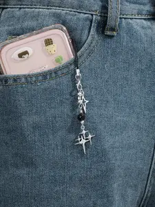 Y2K Millennium Style Four-Point Star Phone Charm, Silver Color Beaded Anti-Loss Phone Chain, Unique Trendy Accessory for Girls