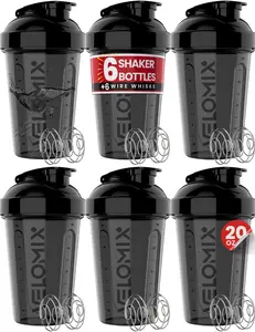 -6 PACK- 20 oz Protein Shaker Bottle for Protein - 6x Wire Whisk| Leak Shaker Cups for Protein Shakes| Stackable Protein Shaker Bottle Pack| Dishwasher Safe (ALL IN BLACK)