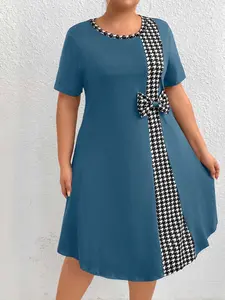 Elastic Drop Fabric Vintage Colorblock Quilted Casual Dress, Round Neck Short Sleeve, Butterfly Knot Decoration, Loose A-Line Skirt Design