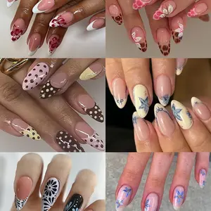 144pcs Almond Shape Fake Nails, High Transparency, Floral, Leopard, Polka Dot, Geometric Designs, Easy Wear, Retro Style