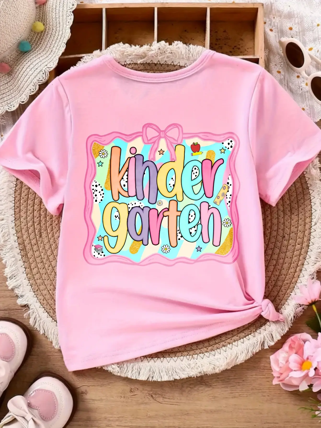 Kindergarten Girls T-Shirt Coquette Pink Bow Pastel Wavy Frame Daisy School Supply Groovy Bubble Letter Short Sleeve Cotton Pink First Day Of Kindergarten Kids Tee