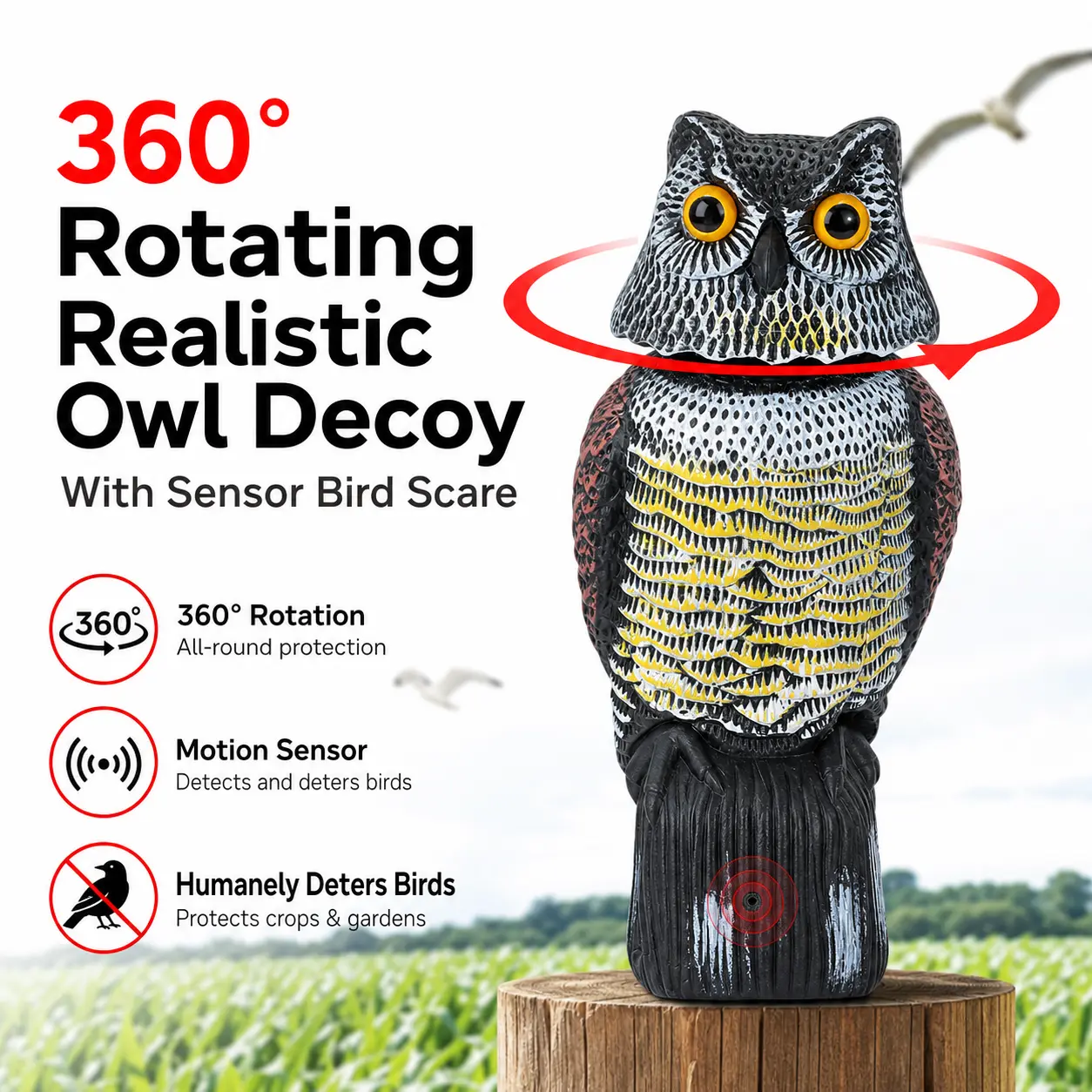 360° Rotating Realistic Owl Decoy With Sensor Bird Scare Repellent Fake Owl Statue Outdoor Garden Yard Squirrel Pest Deterrent