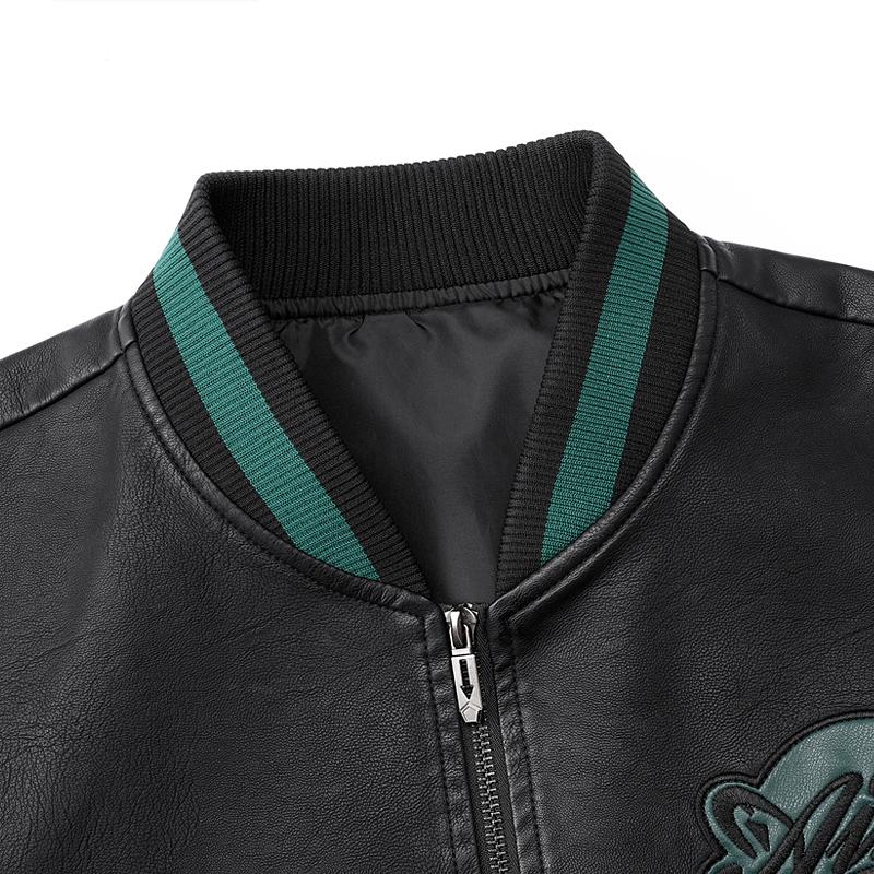 Men's Black PU Leather Bomber Jacket - Contrast Green Stripes & Embroidered Logo, Utility Arm Pocket Stylish Casual Fall Winter Coat