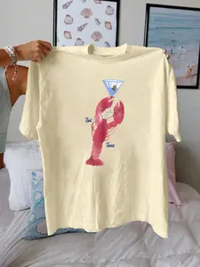 Women's Lobster & Martini Print Round Neck Tee, Casual Short Sleeve T-shirt for Summer, Ladies Clothes for Daily Wear, Tops, Tshirt, Womenswear