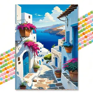 Aegean Town Diamond Embroidery DIY Decoration Wall Art Painting, Healing Color Handmade Hanging Canvas for Study Room Bedroom Background