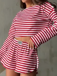 Women's Striped Home Set, Casual Loose Fit Long Sleeve Top & Side Split Shorts, Comfortable Soft Fashion New Arrival