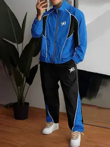 Oversized American Sport Style Nylon Windbreaker Full-Zip Set Lightweight Breathable Autumn/Winter Straight Wide-Leg Pants. Blue-Black Color Block Dropped Shoulder Design Students Daily Casual #SportStyle #GRWM #CoupleOutfit High Street Essential for Tren