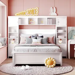 Wooden Bed With All-in-One Cabinet and Shelf White Modern Design for Bedroom Storage and Display Featuring Built-in Bookshelves and Ample Space for Display