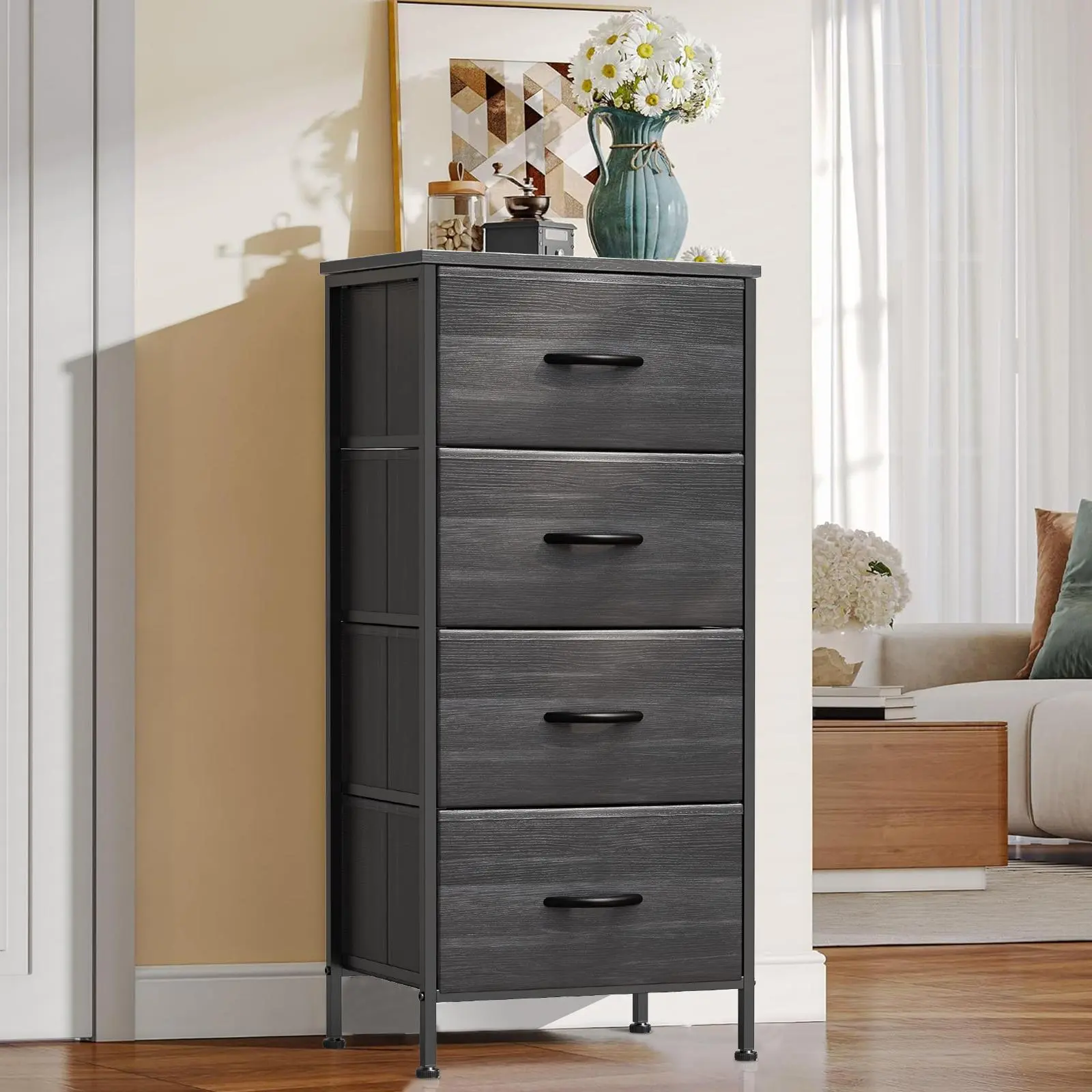 4-Drawers Fabric Storage Tower Dresser - Sturdy Steel Frame, Wooden Top, Easy Pull Bins, Organizer Unit for Bedroom, Closets, Four Drawers