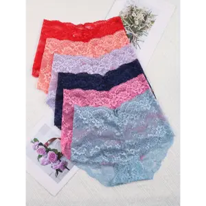 6pcs Floral Lace Briefs, Comfy & Breathable Stretchy Intimates Panties, Women's Lingerie & Underwear