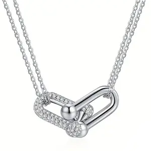 Ball U Shape Pendant Necklace White Gold Plated Silver Pin Paperclip Necklace Convertible Link Adjustable Chain CZ Hypoallergenic Fashion Jewelry Gifts for Women Girls Birthday Party  Trendy Daily Wear Necklace