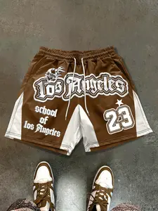 Men's Elastic Waist Gym Shorts, Block Gothic Skull Print, Y2K West Coast Street Style, Quick-Dry Polyester Fabric