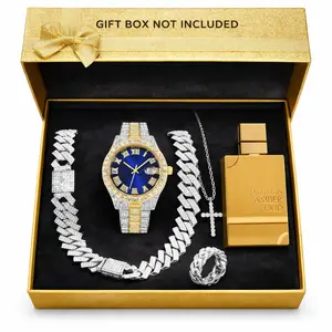 Men's Iced Out Bling Gift Set – Luxury Watch, Cuban Chain Bracelet, Cross Necklace, Ring + Haramain Amber Oud Cologne, All-in-One Complete Jewelry & Perfume Bundle for Him, Perfect for Birthdays, Anniversaries & Everyday Streetwear Style