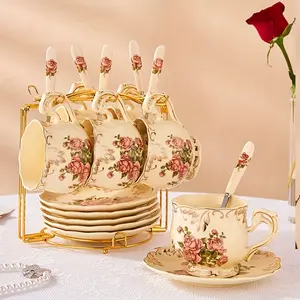 19pcs 250ML Ceramic Coffee & Tea Set, European Luxury Aesthetic Floral Design, Accents, High-End Multi-Piece Tea Service, Ceramic Cup