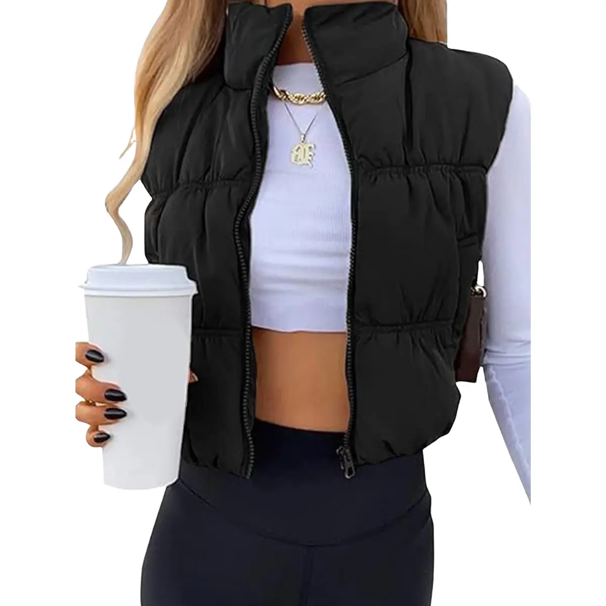 Mibbory Cropped Puffer Vest for Women 2026 Fall Winter Fashion Sleeveless Lightweight Padded Coat | Stand Collar Zip Up Quilted Puffer Vest with Pockets, Warm Puffy Casual Outwear, Cozy Solid Winter Gilet
