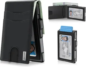 umoven Wallet for Men - Pop Up Case, Cash Slot, and Credit Card Slot - Slim Aluminum Wallet with RFID Blocking, Minimalist Leather Wallet Front Pocket with ID Window, Gift Box (Dark black)