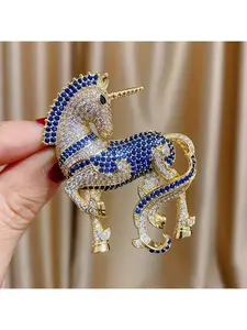 1Pc Elegant Copper Unicorn Brooch Clip with Zircon, Women's Fashion Accessory for Daily Wear & Gifting, All-Season Lapel Pin