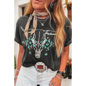 Carbon Grey Vintage Western Bull Head Skull Turquoise Aztec Graphic T Shirt