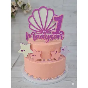 Personalized 3D Seashell Cake Topper Set – Glitter with Starfish