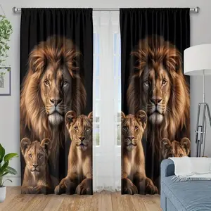 2 curtains, bedroom semi-sheer curtains, Window Curtain, brown lion print, machine-washable polyester material, suitable for bedroom, living room, and kitchen decor, birthday gift (excluding curtain rod)