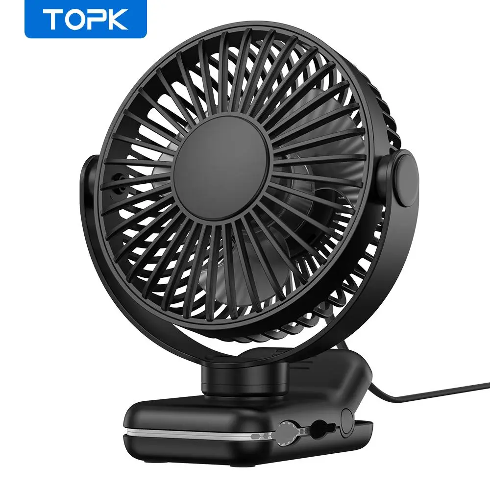 TOPK Portable Clip-on Fan, USB Rechargeable Desk Fan, Quiet 3 Speed Rotation Foldable Cooling Fan, Small Clip-on Fan for Home Office Camping, Multifunction Adjustable Speed Fan, Silent Adjustable Fan, USB Powered Fan