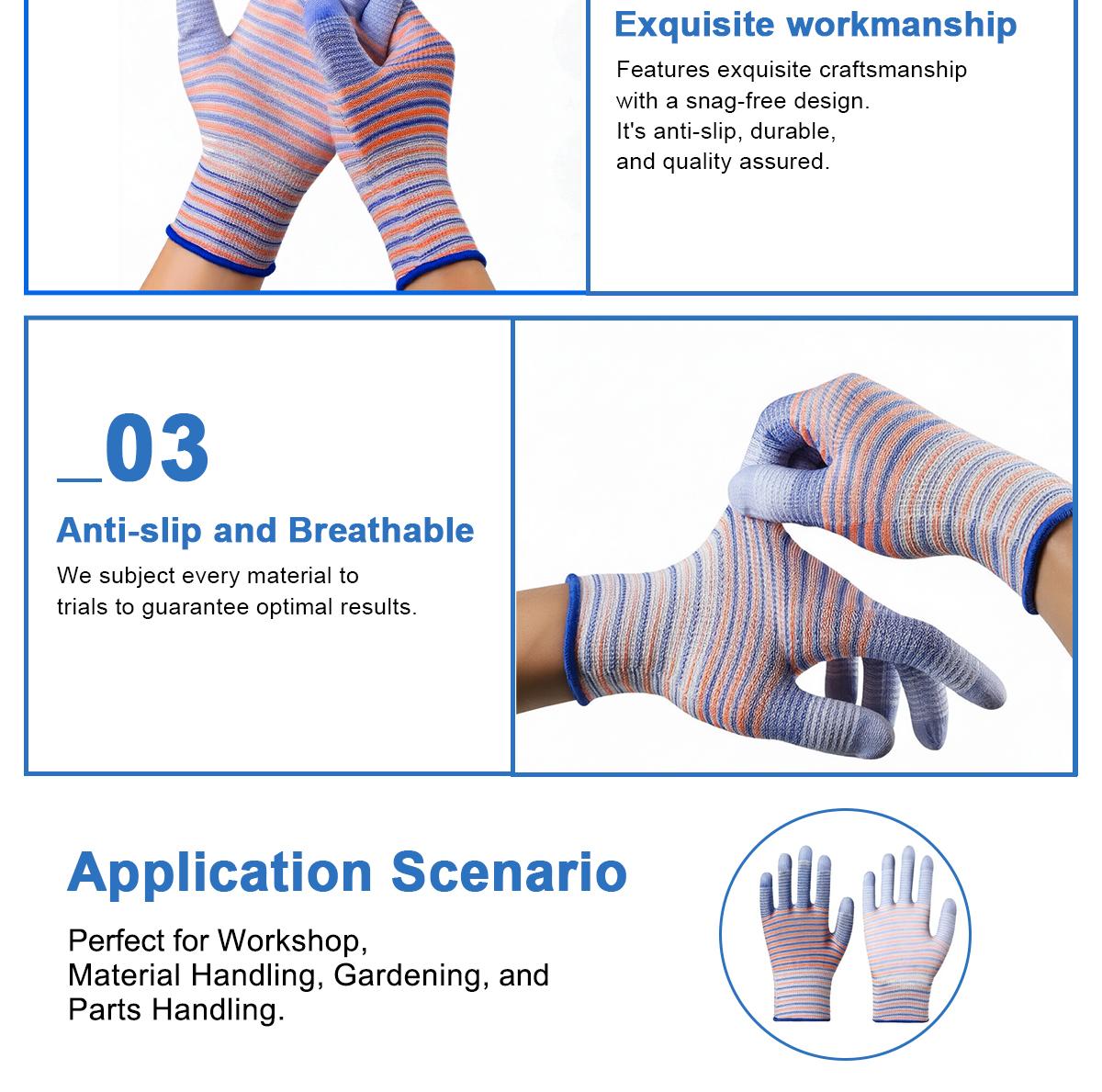 3Pairs Men's Blue PU Coated Work Gloves | Non-Slip Grip | Stretchy Striped Safety Gloves for Gardening & DIY Projects