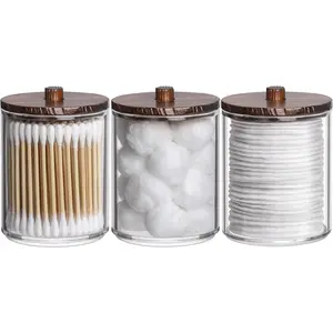 10 Oz Cotton Swab/Ball/Pad Holder, Qtip Apothecary Jar, Clear Bathroom Containers Dispenser for Storage 3 Pack Brown Wood Lids