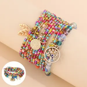 13pcs Set of Handmade Women's Beaded Colorful Mixed Bohemian Summer Beach Rice Bead Crystal Flat Bead Handmade Elastic Tree Leaf Pendant Women's Bracelet
