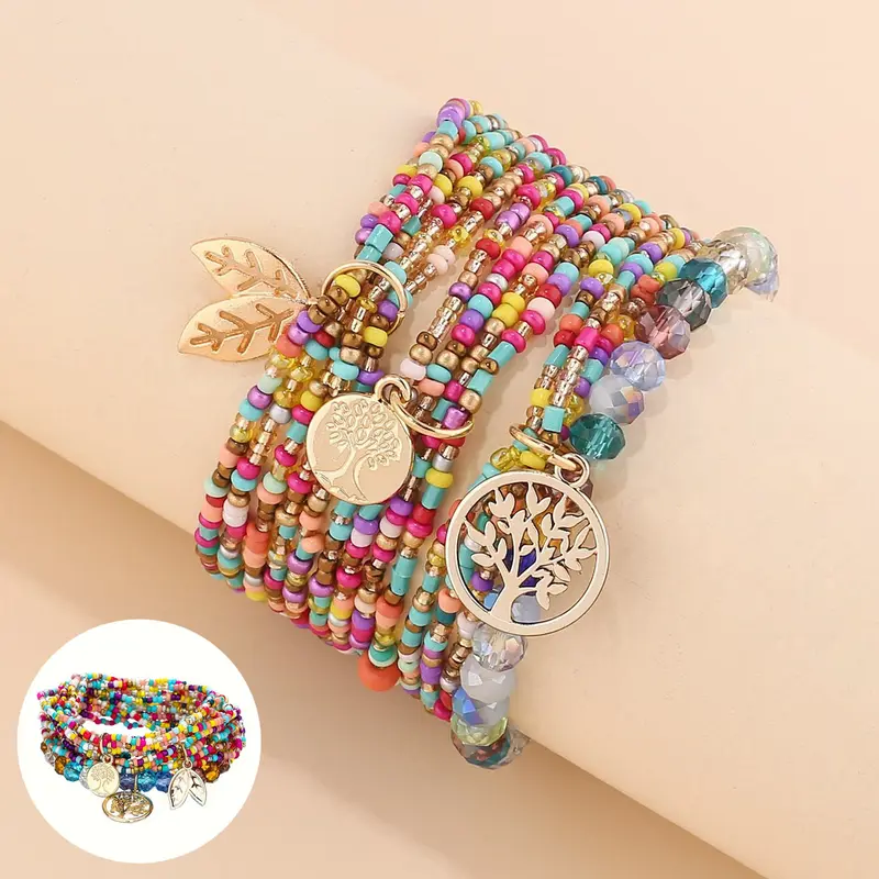 13pcs Set of Handmade Women's Beaded Colorful Mixed Bohemian Summer Beach Rice Bead Crystal Flat Bead Handmade Elastic Tree Leaf Pendant Women's Bracelet
